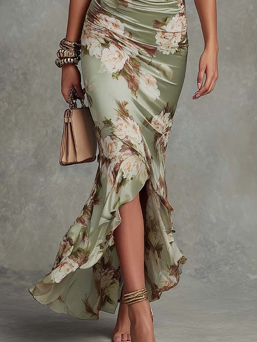 Green Floral Satin Asymmetric Maxi Dress with Ruffled Bell Sleeves and V-Neck