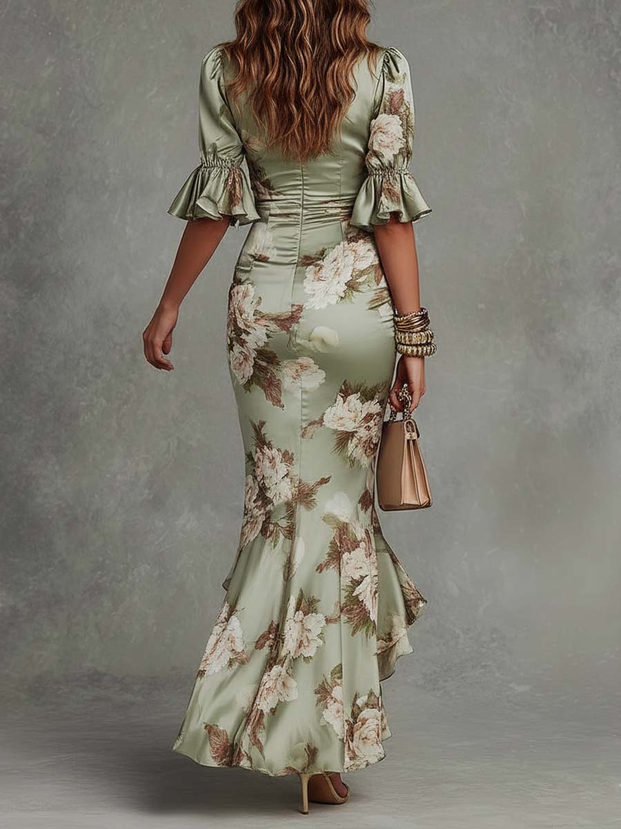 Green Floral Satin Asymmetric Maxi Dress with Ruffled Bell Sleeves and V-Neck