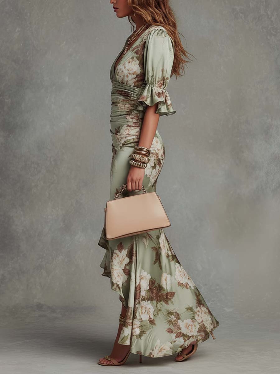 Green Satin Asymmetrical Maxi Dress with Ruffle Bell Sleeves and V-Neck