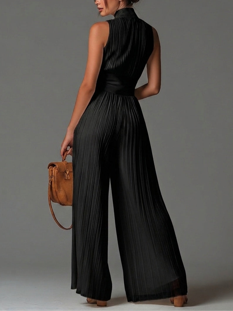 Chiffon Black Sleeveless Jumpsuit with V-Neck, Zipper, Pleated Details, and Wide-Leg Design