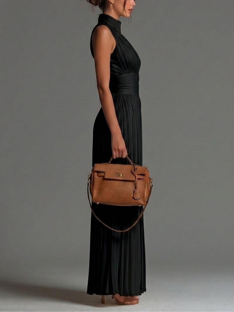 Chiffon Black Sleeveless Jumpsuit with V-Neck, Zipper, Pleated Details, and Wide-Leg Design