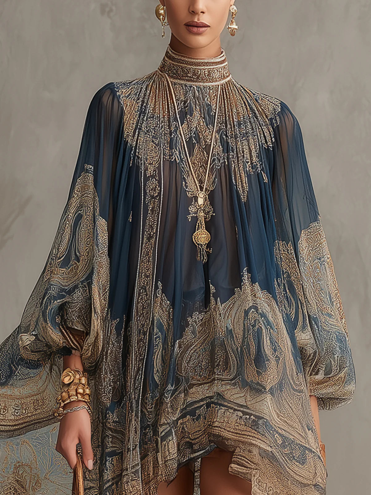 High Neck Irregular Chiffon Mini Dress with Navy Blue Baroque Print