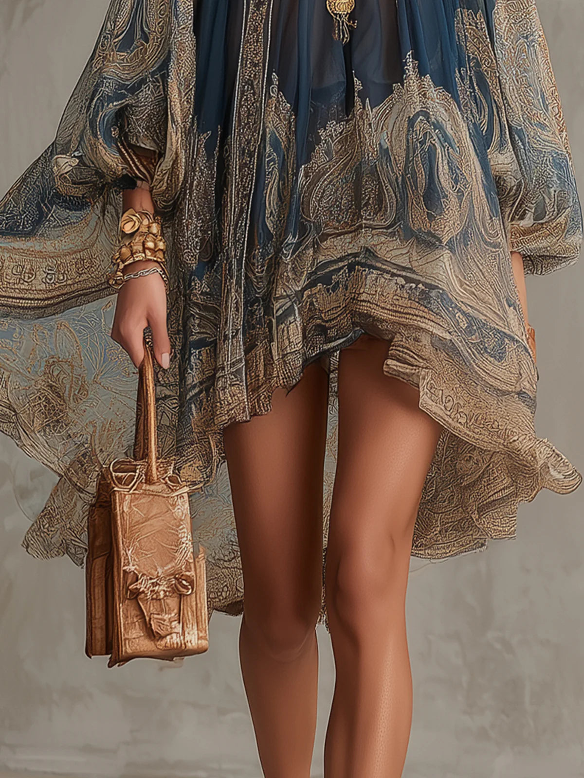 High Neck Irregular Chiffon Mini Dress with Navy Blue Baroque Print