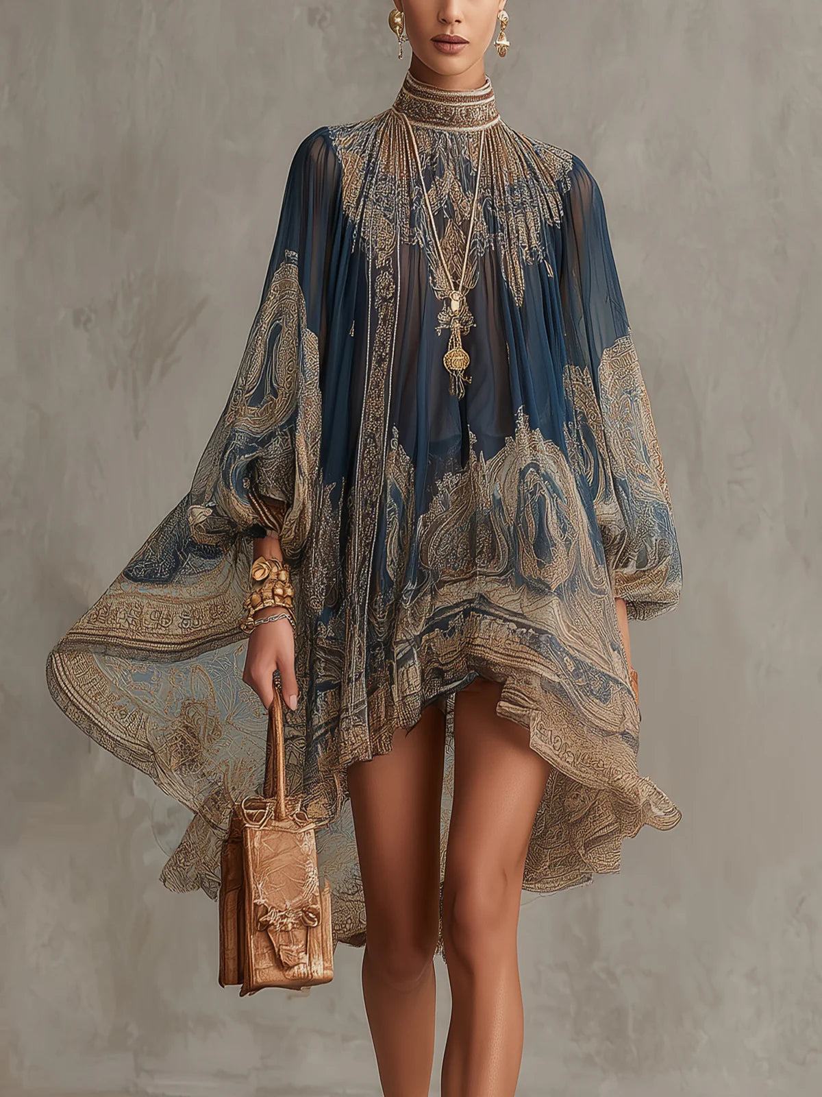 High Neck Irregular Mini Chiffon Dress with Navy Blue Baroque Print