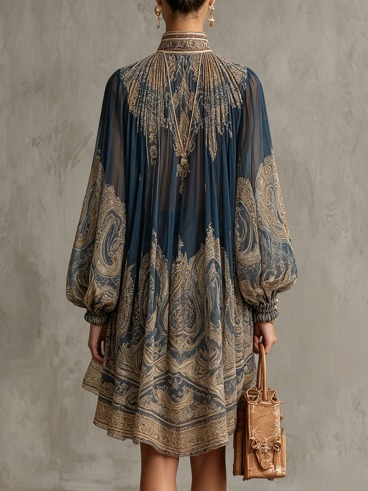 High Neck Irregular Mini Chiffon Dress with Navy Blue Baroque Print