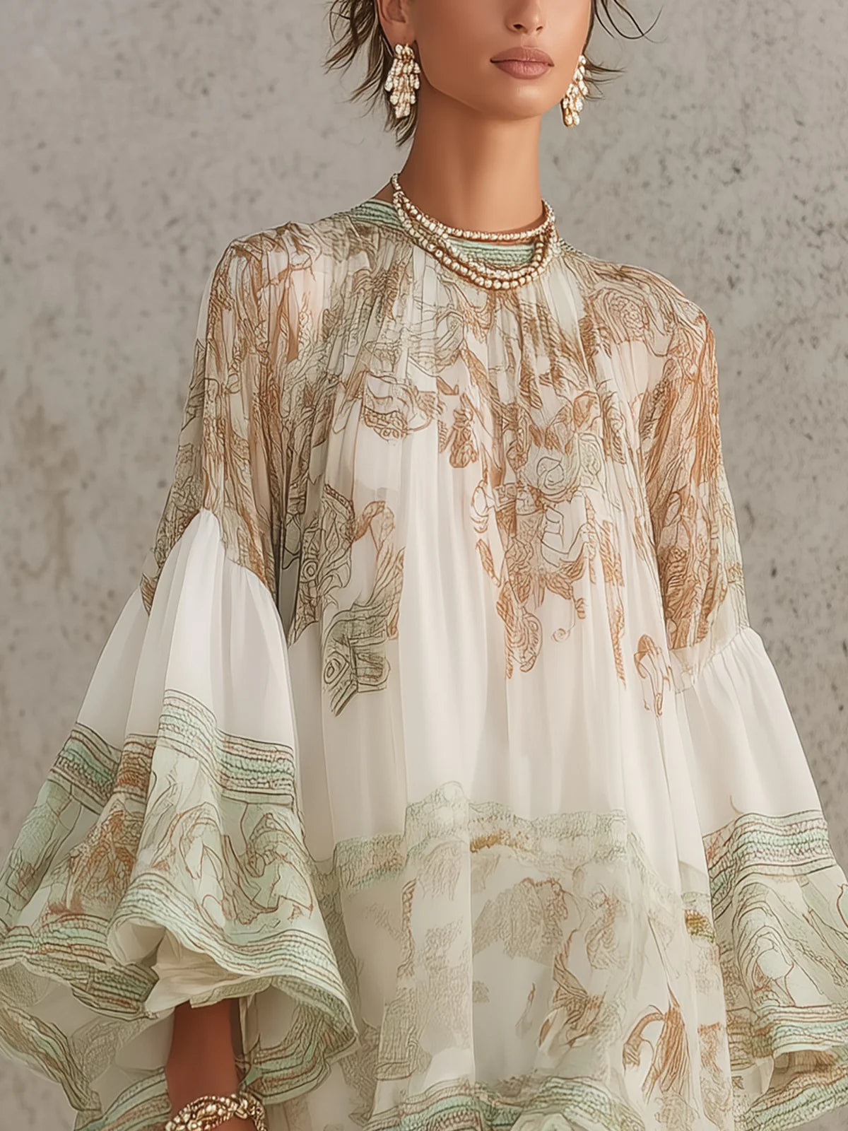 Striped Green Chiffon Mini Dress with Ruffled Sleeves