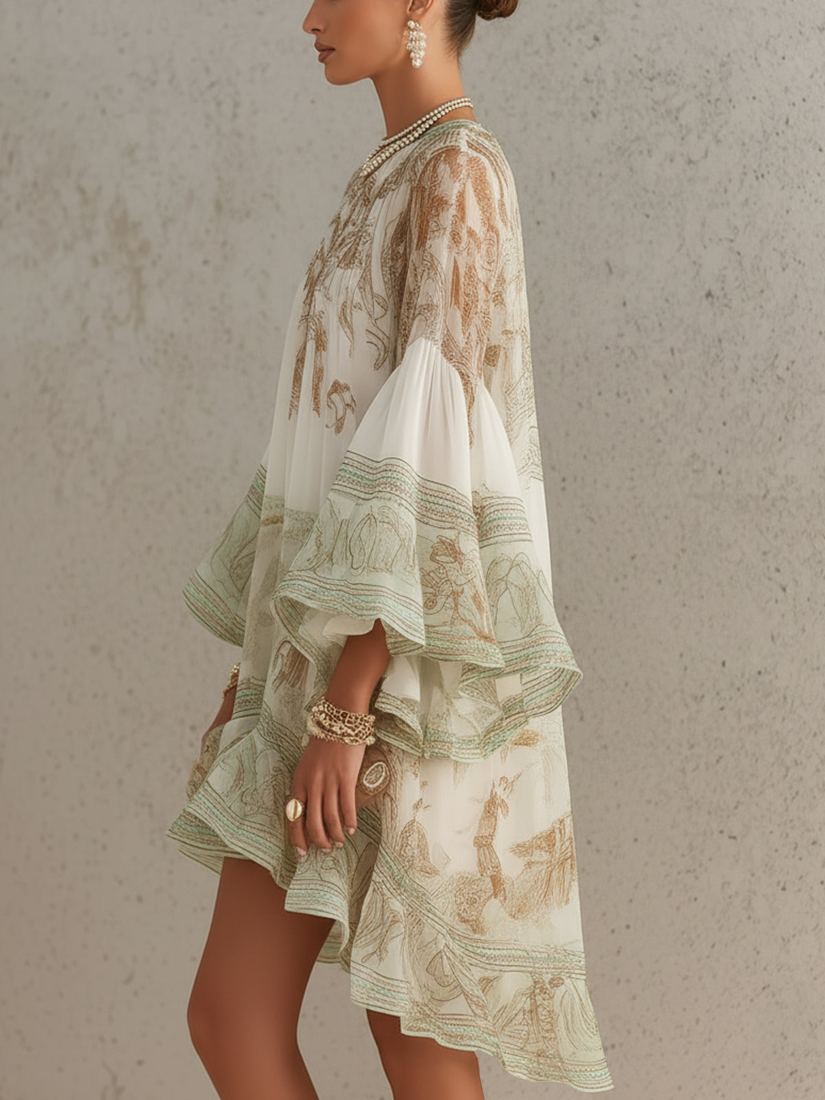 Striped Green Chiffon Mini Dress with Ruffled Sleeves