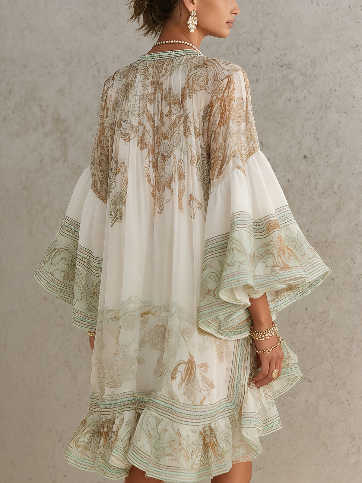 Ruffled Puff Sleeve Mini Dress in Green Chiffon