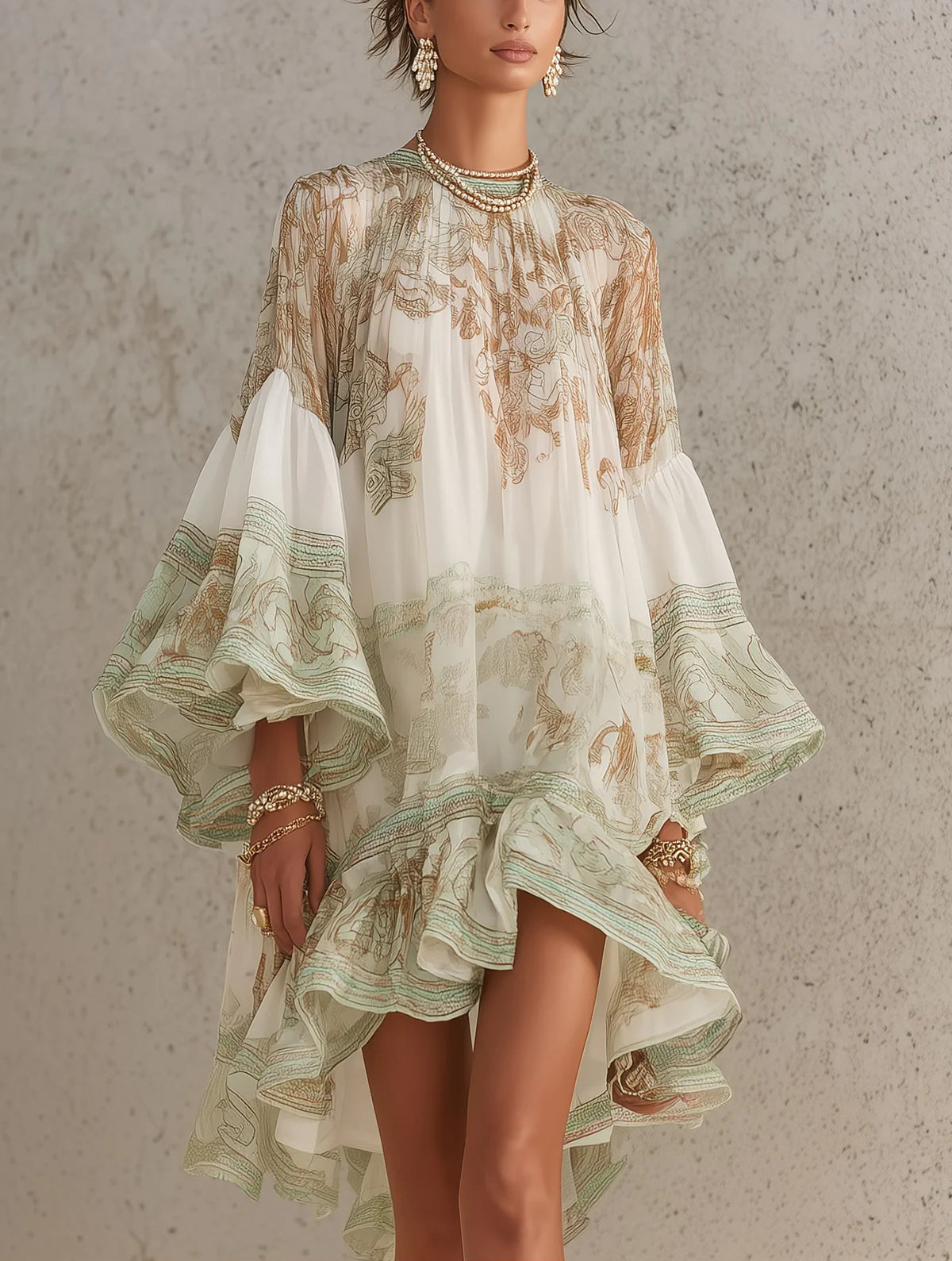 Striped Green Chiffon Mini Dress with Ruffled Sleeves