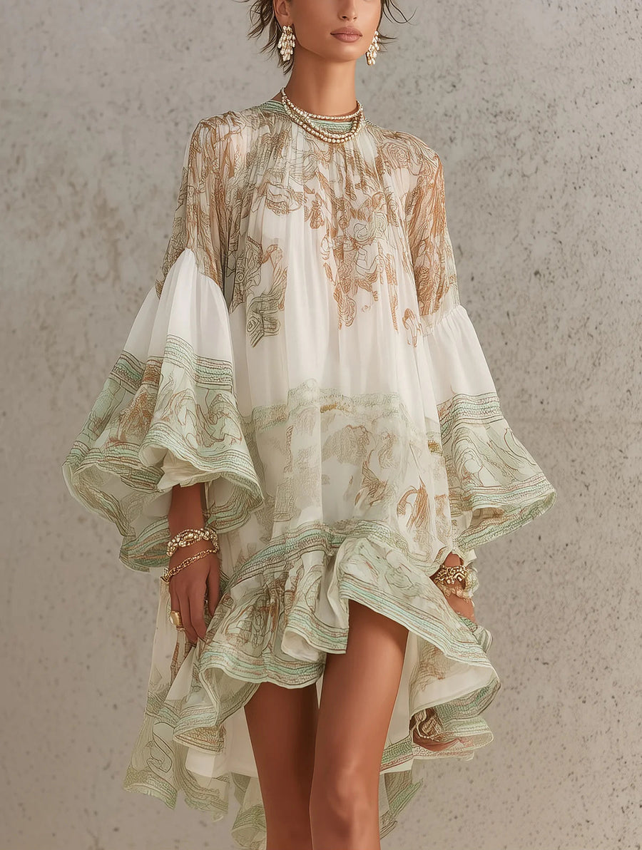 Striped Green Chiffon Mini Dress with Ruffled Sleeves