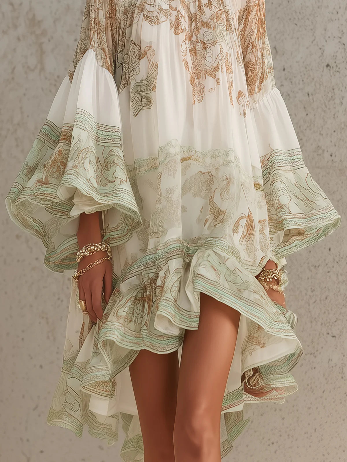 Striped Green Chiffon Mini Dress with Ruffled Sleeves