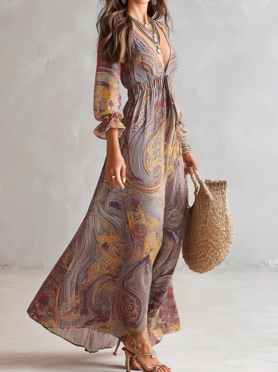 V-Neck Maxi Chiffon Dress with Paisley Pattern