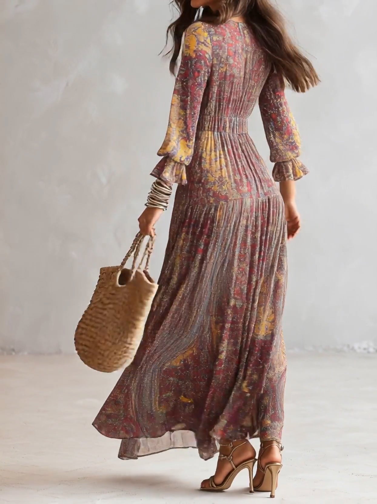 V-Neck Maxi Chiffon Dress with Paisley Pattern