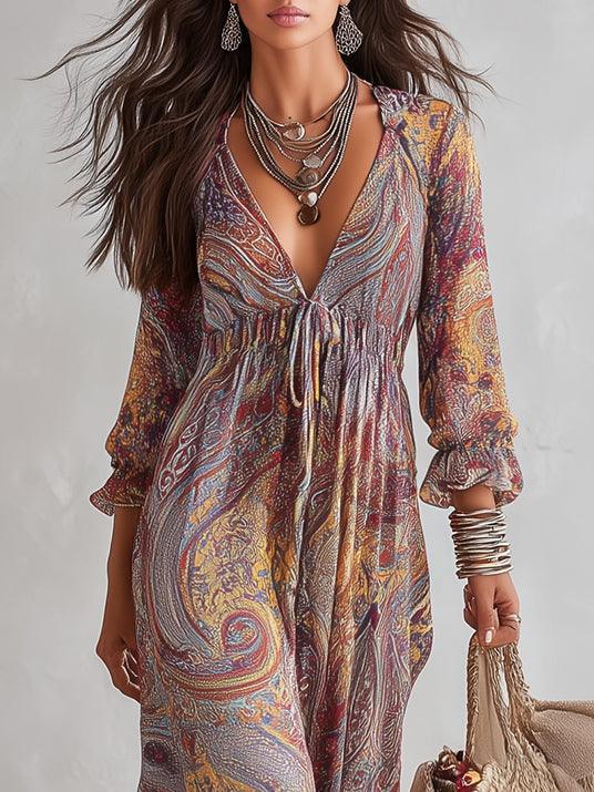 V-Neck Maxi Chiffon Dress with Paisley Pattern