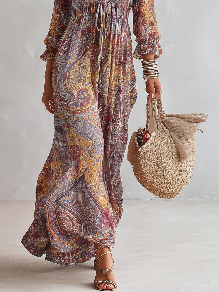 V-Neck Maxi Chiffon Dress with Paisley Pattern
