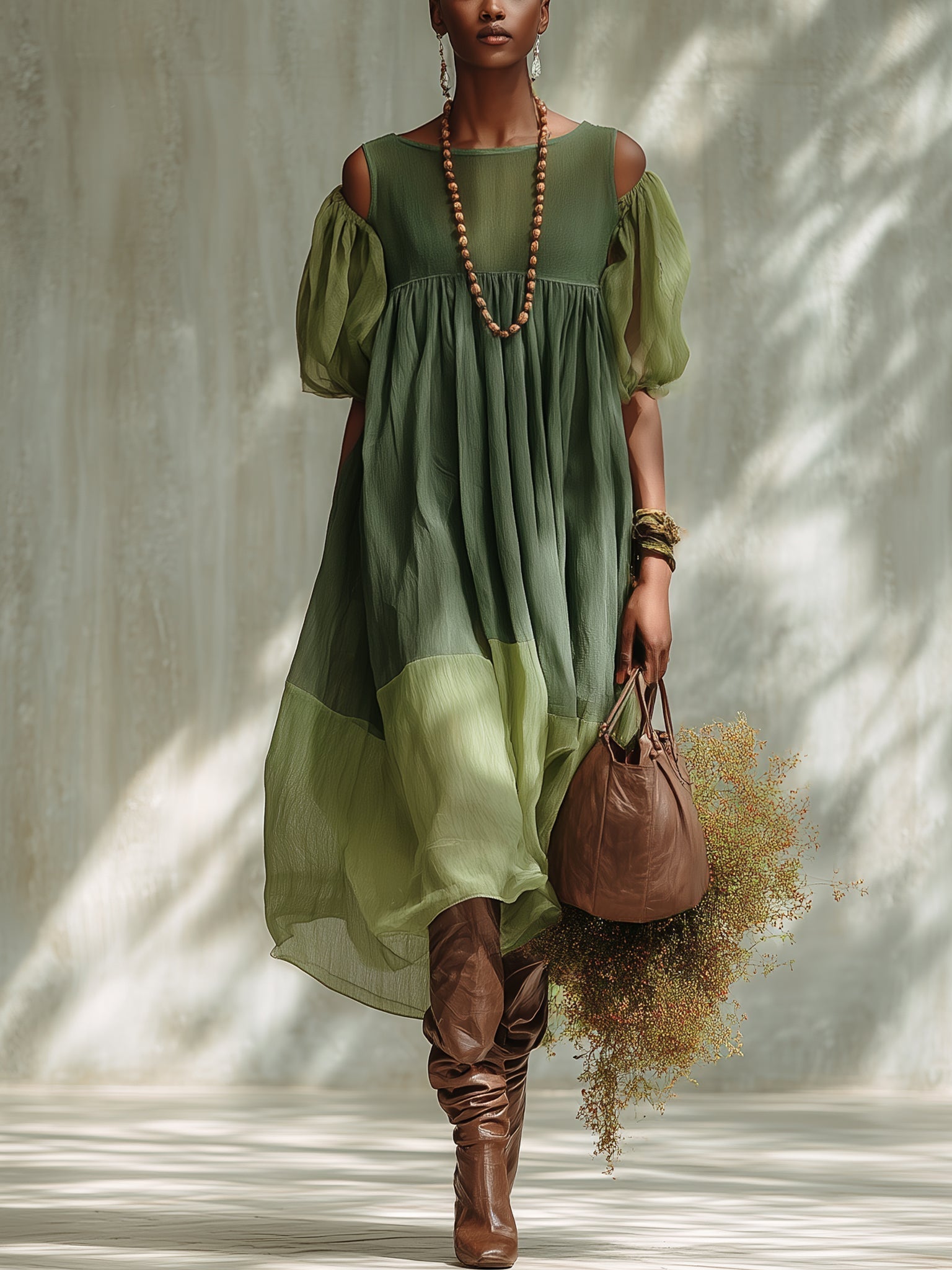 Off-the-Shoulder Green Chiffon Midi Dress with Short Sleeves