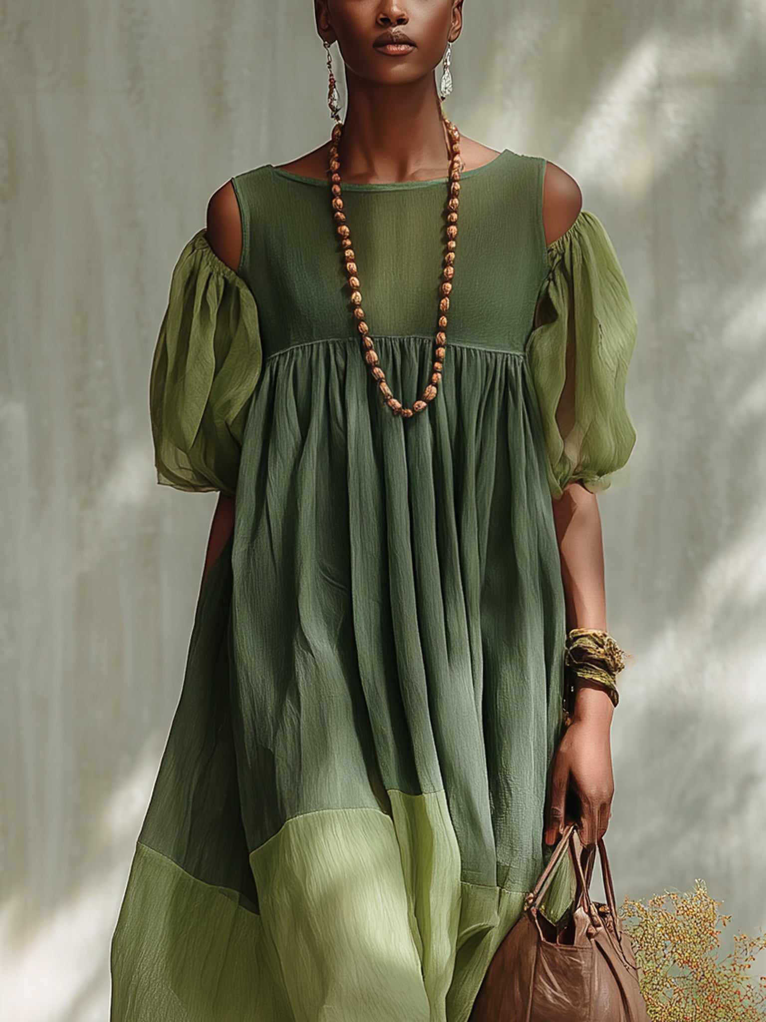 Off-the-Shoulder Green Chiffon Midi Dress with Short Sleeves
