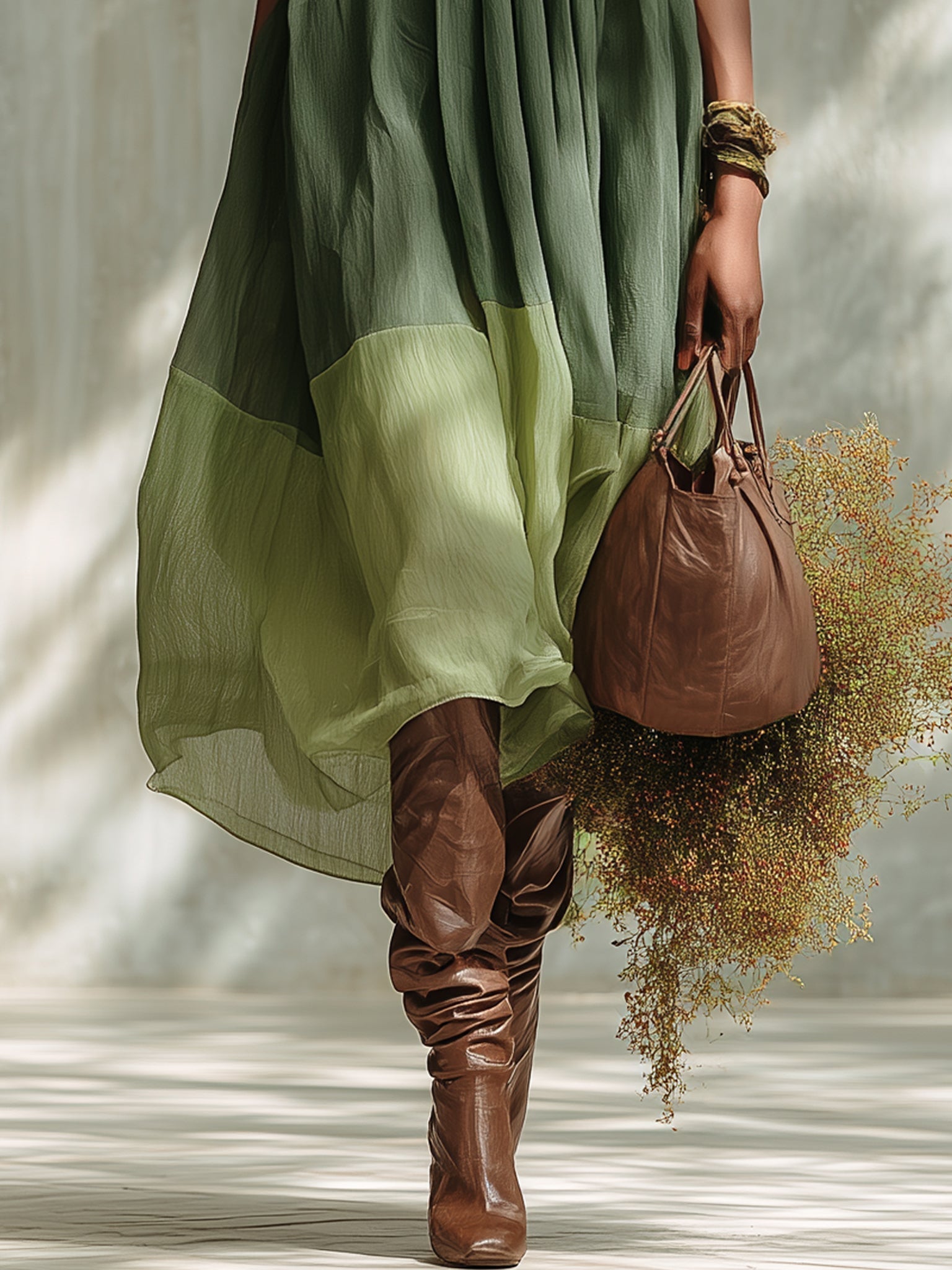 Off-the-Shoulder Green Chiffon Midi Dress with Short Sleeves
