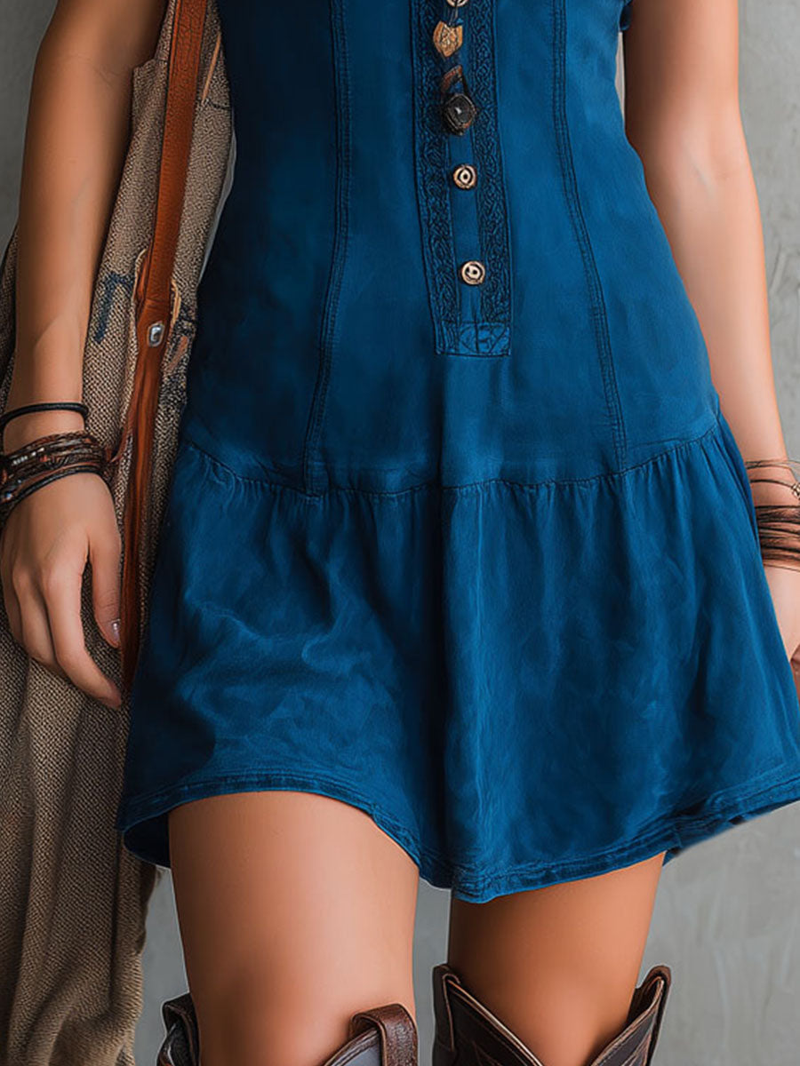 Bohemian Indigo Sleeveless Mini Dress with V-Neck and Button Details