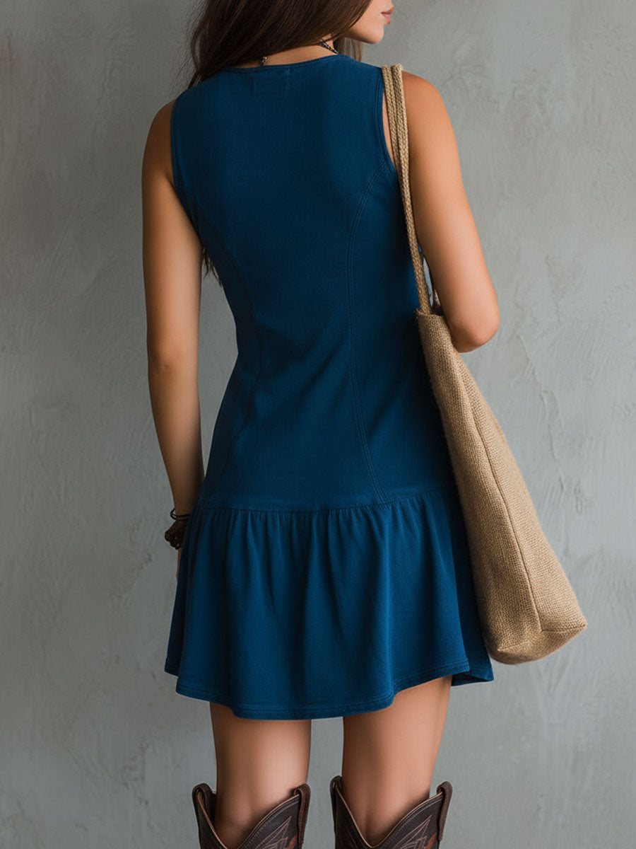 Bohemian Indigo Sleeveless Mini Dress with V-Neck and Button Details