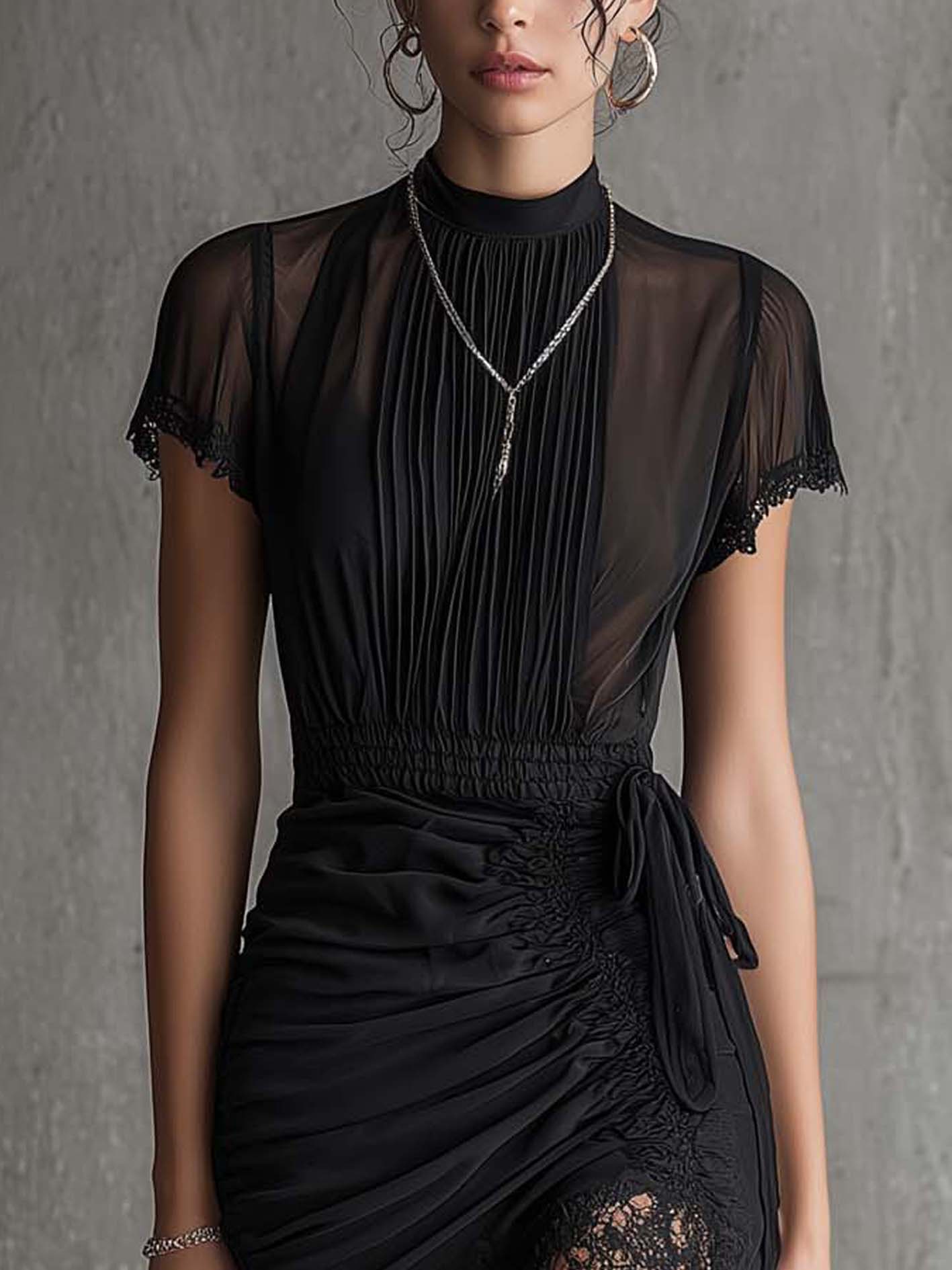 Black Chiffon Mini Dress Featuring Pleated Waist and Lace Accents