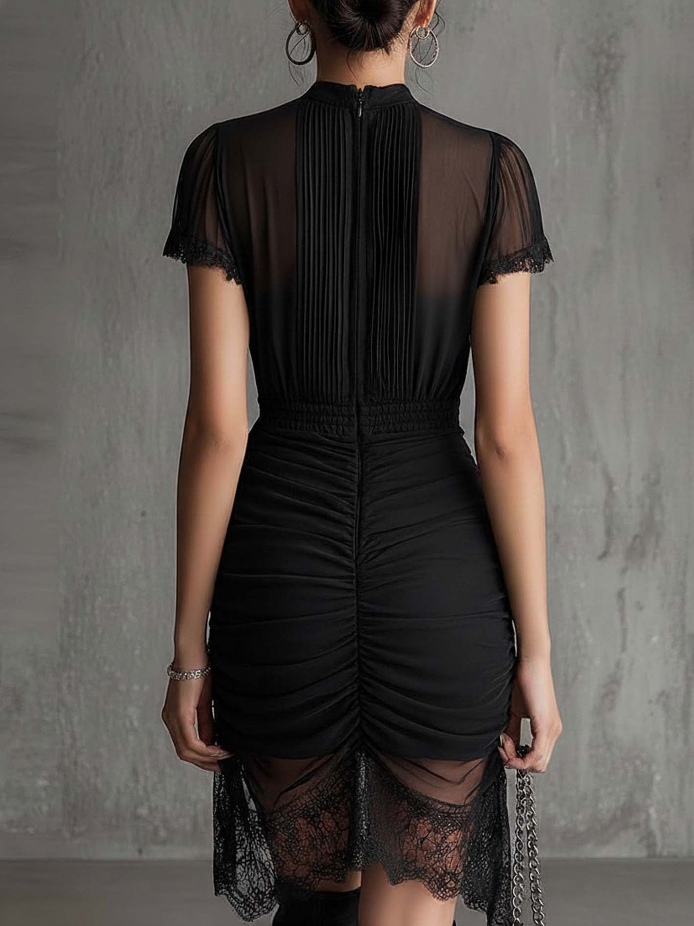 Pleated Waist Black Chiffon Mini Dress with Lace Trim