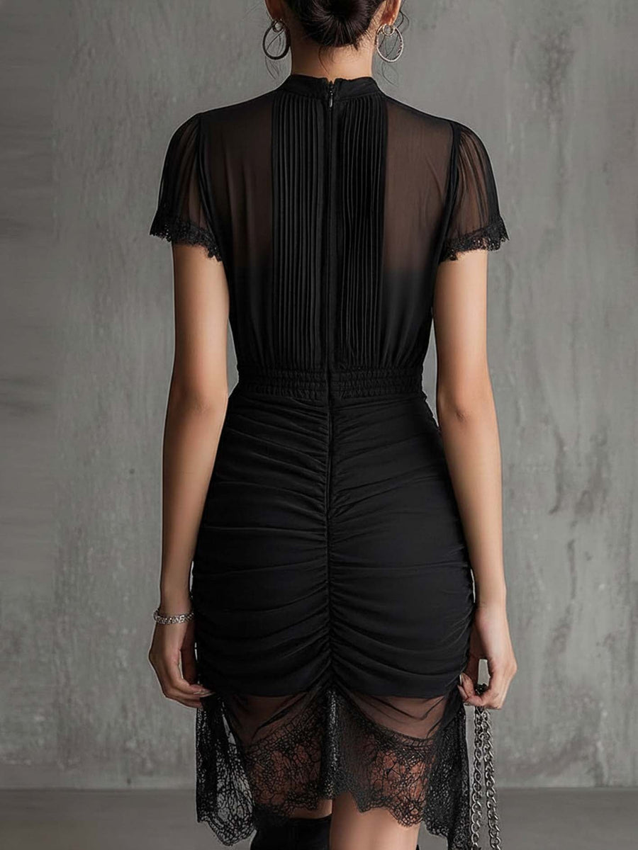 Pleated Waist Black Chiffon Mini Dress with Lace Trim