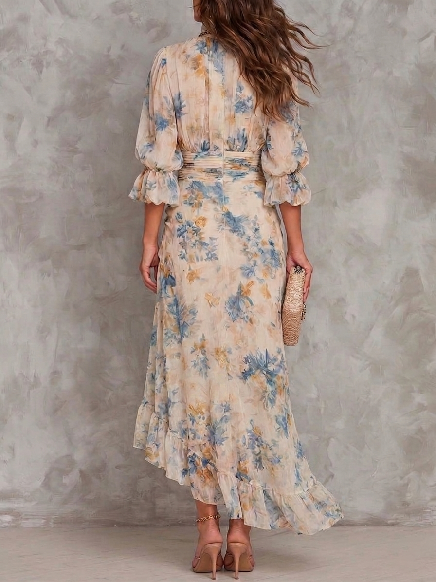 Beige Floral Print High Neck Irregular Chiffon Maxi Dress