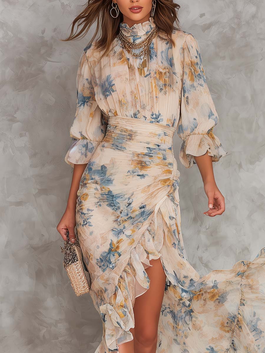 Beige Floral Print High Neck Irregular Chiffon Maxi Dress