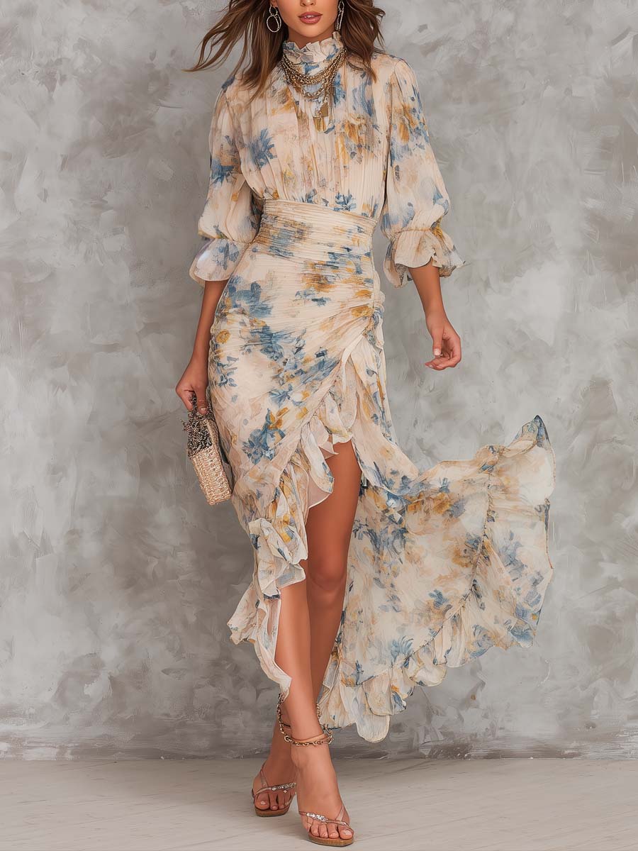 Beige Floral Print High Neck Irregular Chiffon Maxi Dress