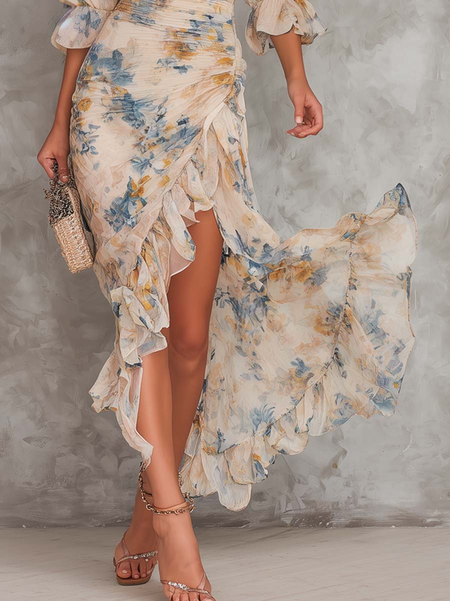 Beige Floral Print High Neck Irregular Chiffon Maxi Dress