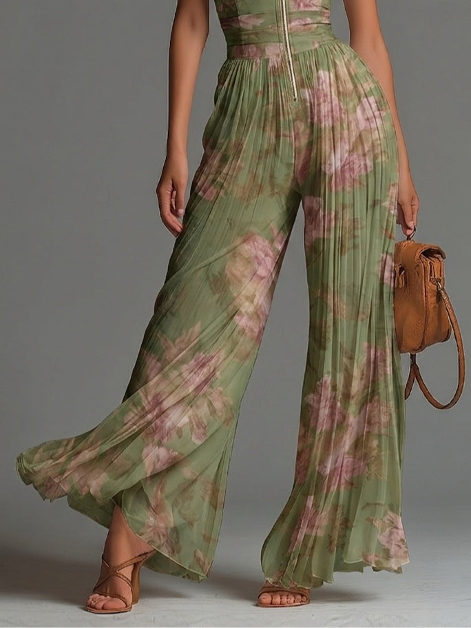 Floral Green Chiffon Sleeveless Jumpsuit with Zipper and Wide Leg Pleats