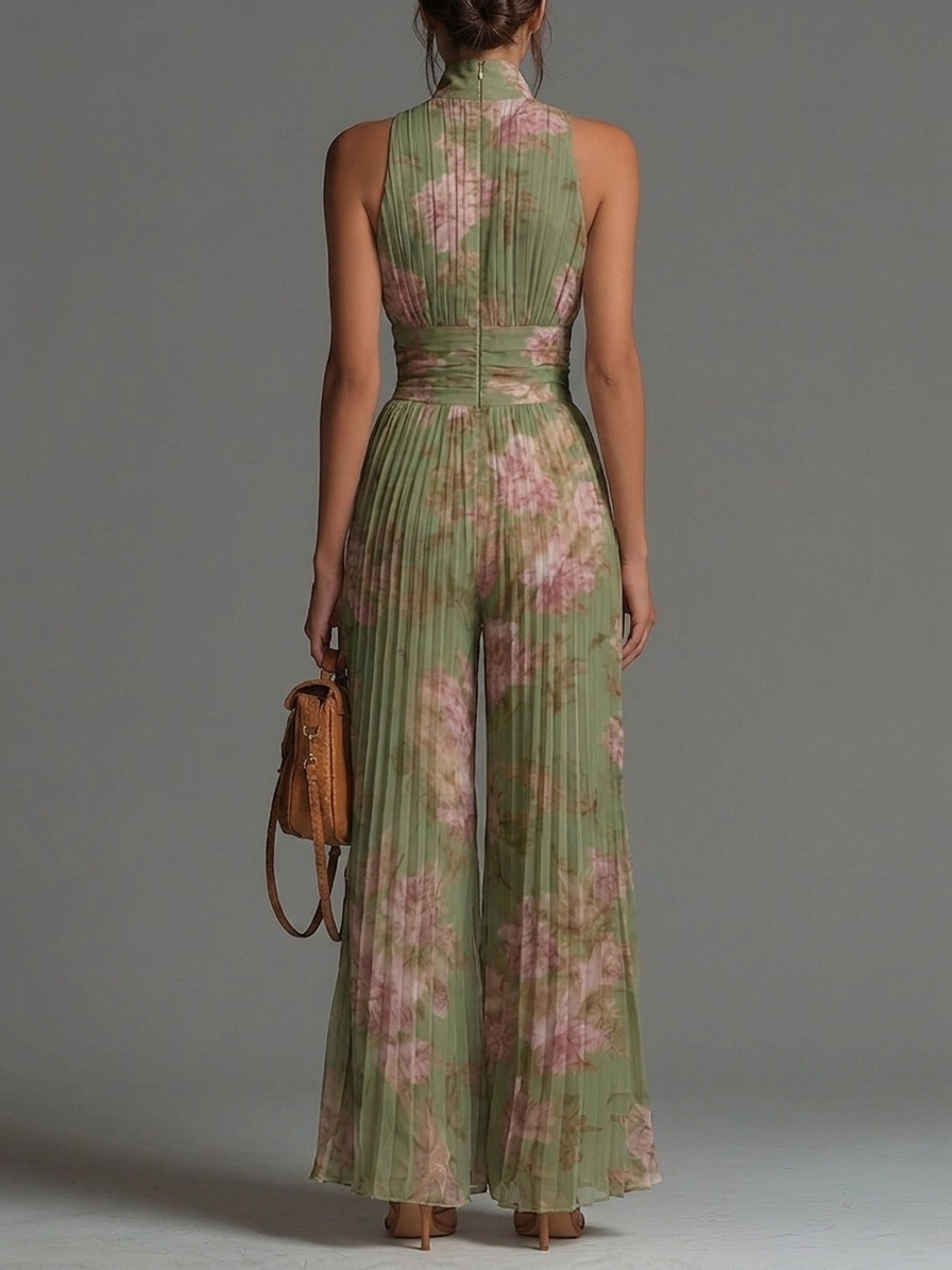 Green Floral Chiffon Sleeveless Jumpsuit with Zipper and Wide Leg Pleats