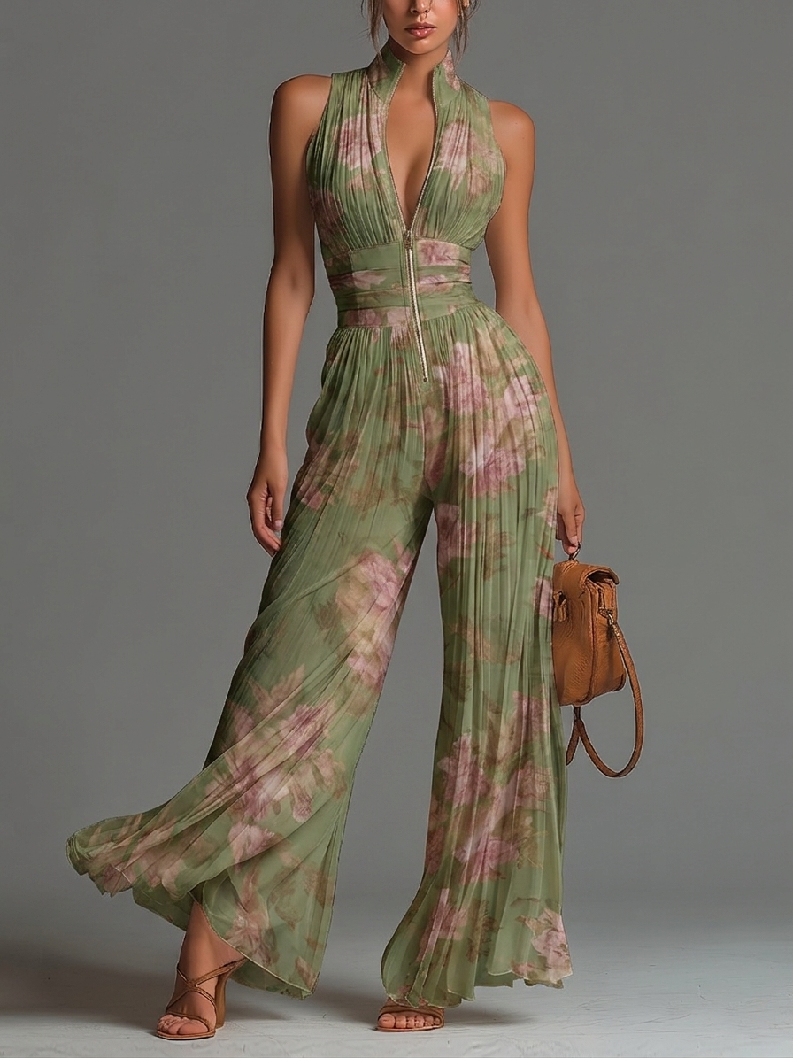 Floral Green Chiffon Sleeveless Jumpsuit with Zipper and Wide Leg Pleats
