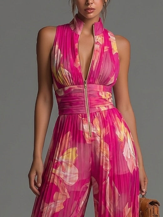 Nicole | Fuchsia Floral Print Pleated Chiffon Jumpsuit