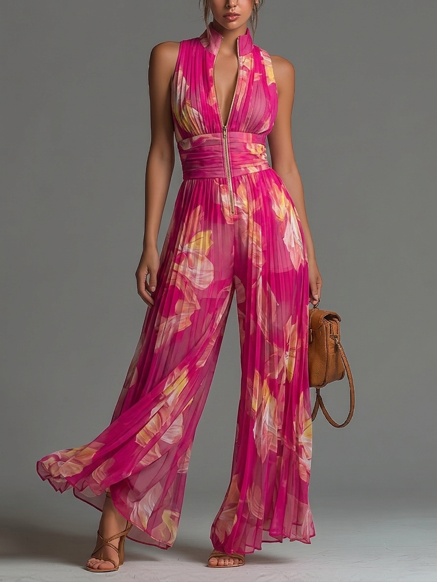 Nicole | Fuchsia Floral Print Pleated Chiffon Jumpsuit