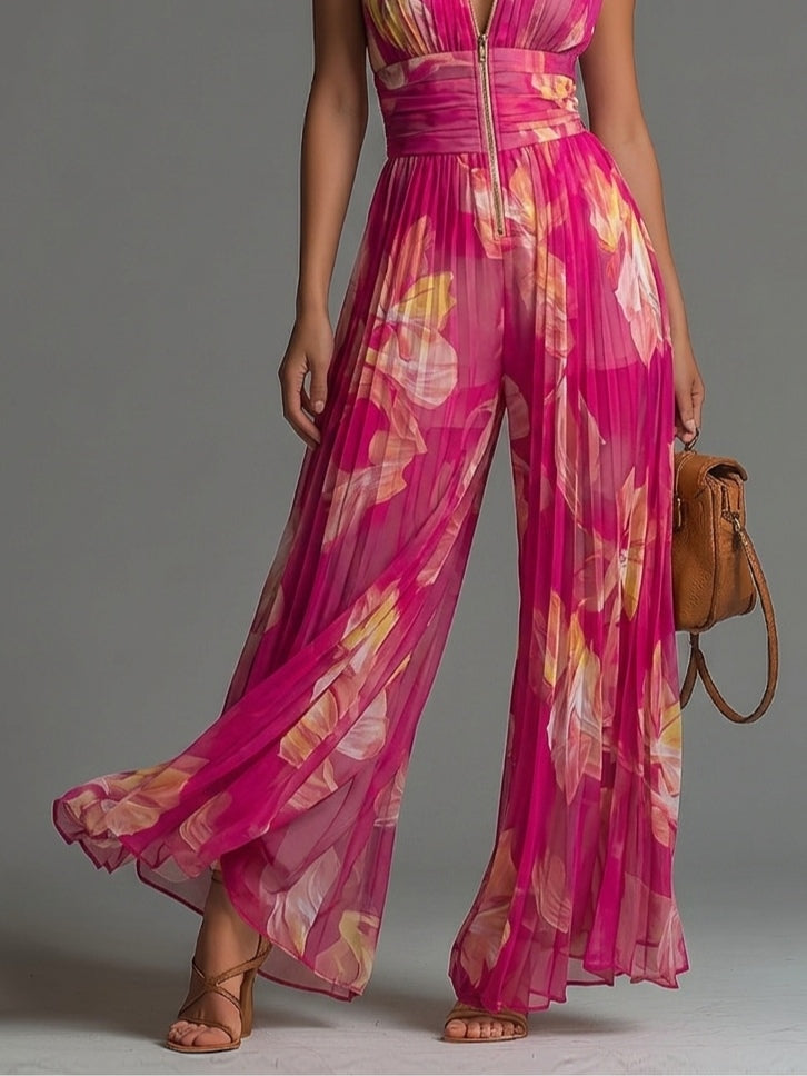 Nicole | Fuchsia Floral Print Pleated Chiffon Jumpsuit