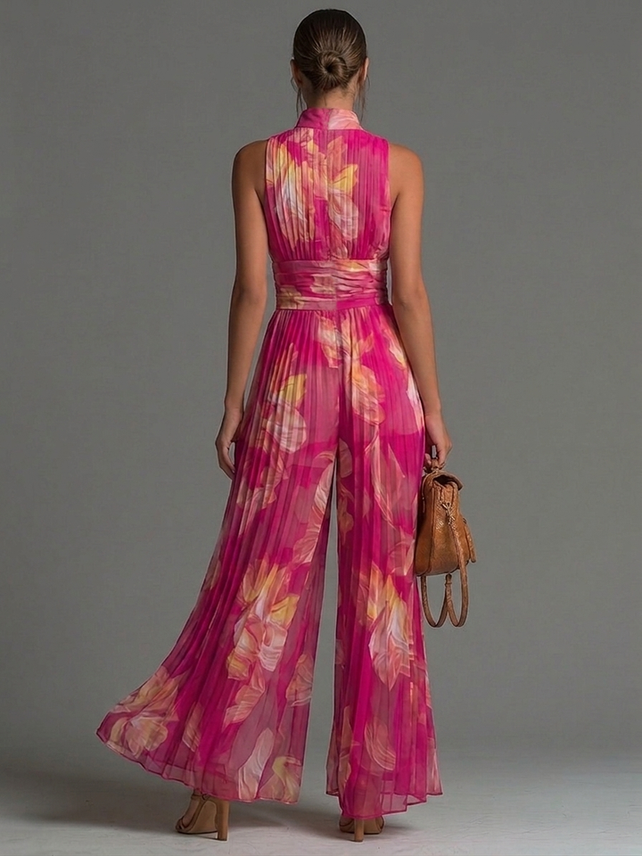 Nicole | Fuchsia Floral Print Pleated Chiffon Jumpsuit