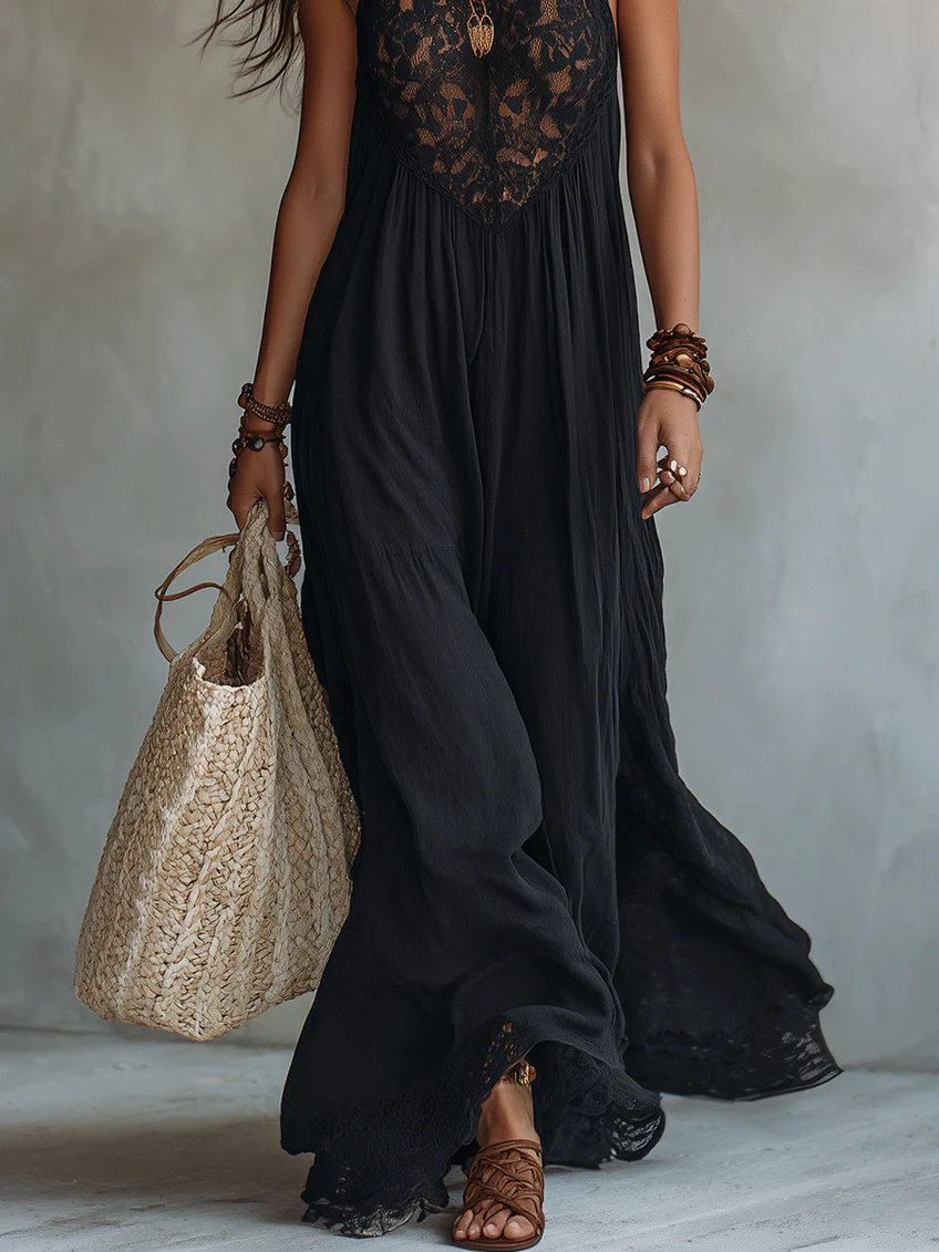 Bohemian Lace Sleeveless Black Maxi Dress