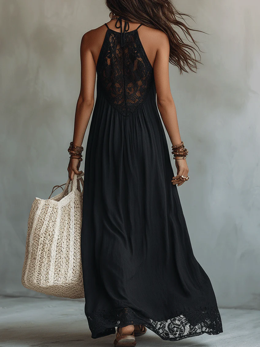Bohemian Lace Black Sleeveless Maxi Dress