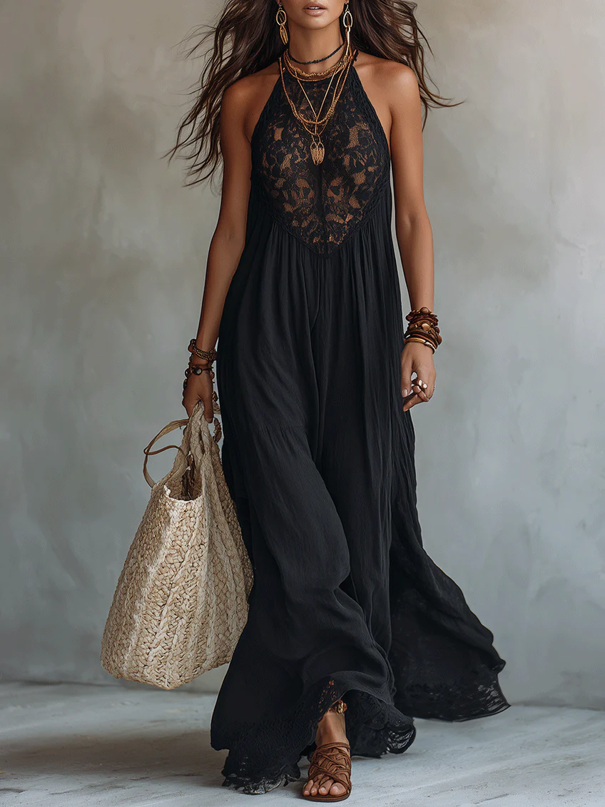 Bohemian Lace Black Sleeveless Maxi Dress
