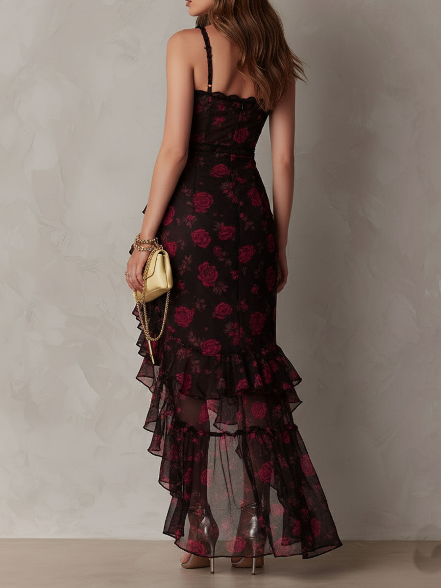 Elegant Black and Red Floral Dress with Ruffled Hem