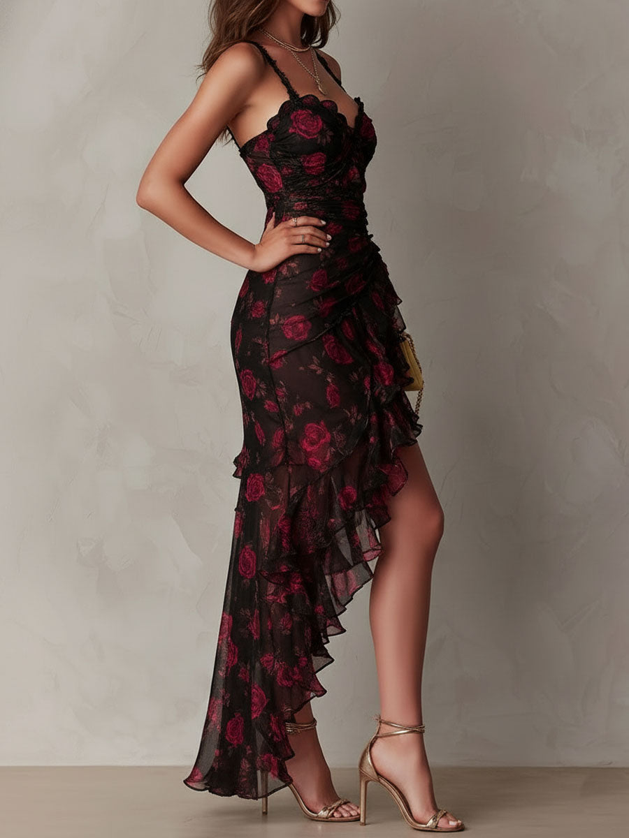 Elegant Black and Red Floral Dress with Ruffled Hem