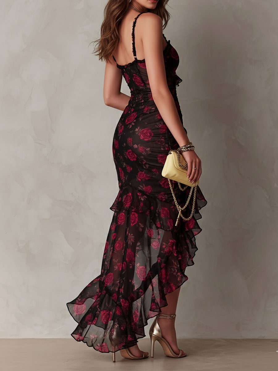 Elegant Black and Red Floral Dress with Ruffled Hem