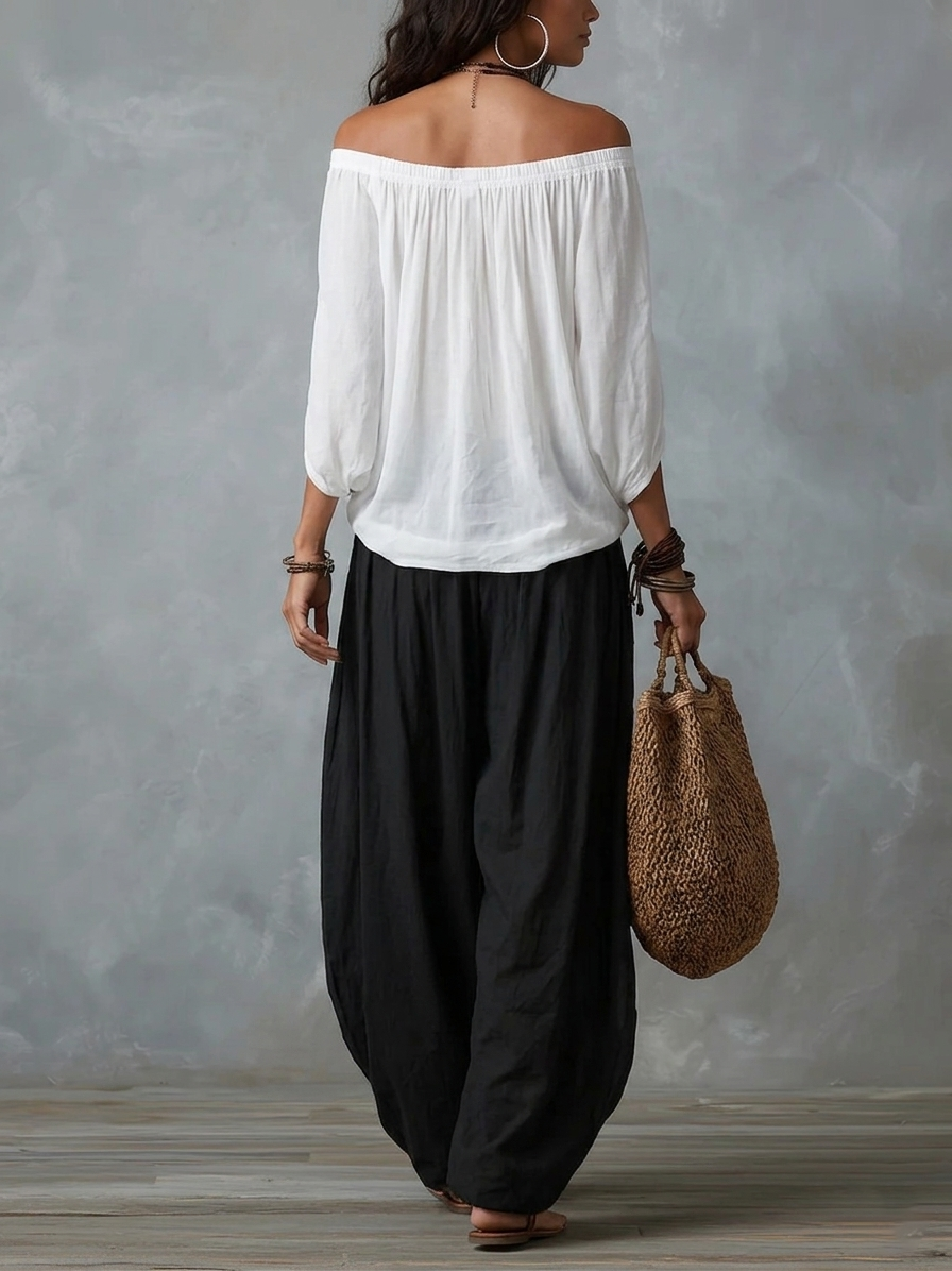 White Off-Shoulder Top with Wide-Leg Lantern Trousers Set