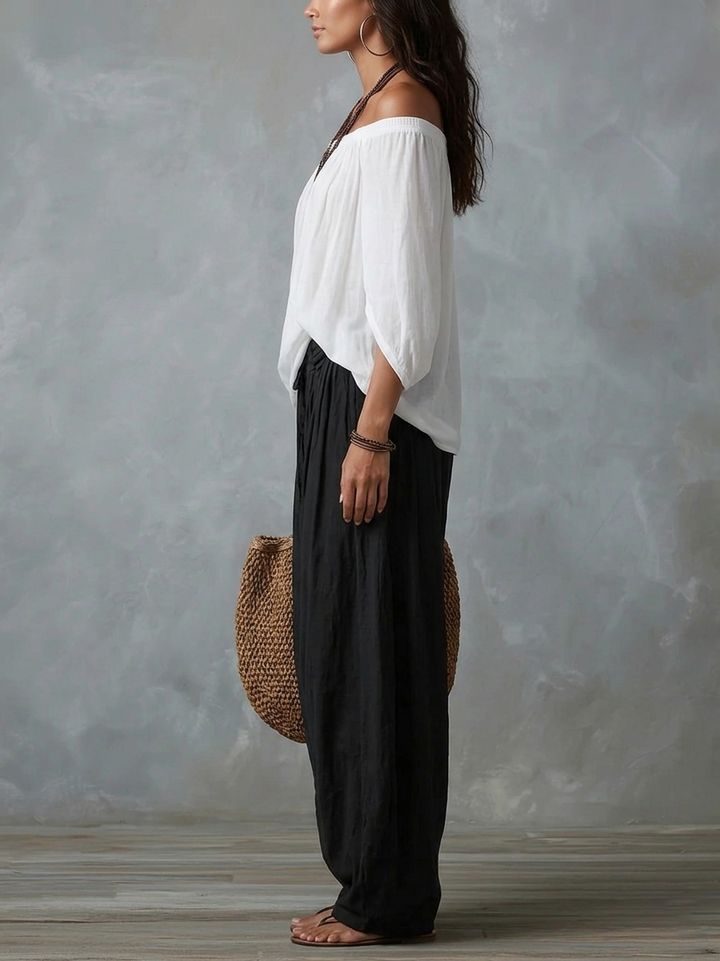 White Off-Shoulder Top with Lantern-Style Flared Trousers