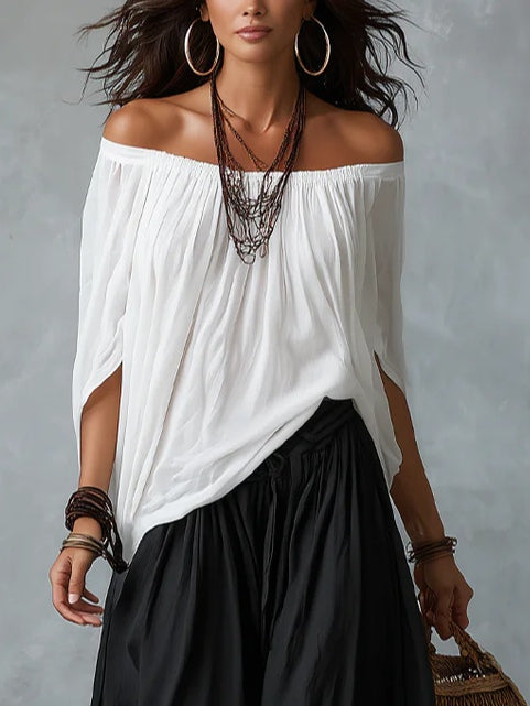 White Off-Shoulder Top with Lantern-Style Flared Trousers