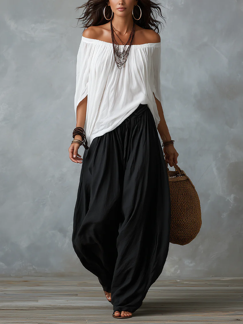 White Off-Shoulder Top with Wide-Leg Lantern Trousers Set