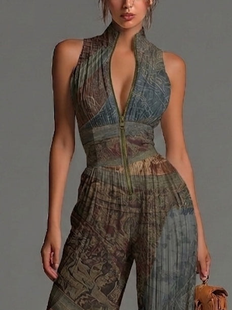 Bohemian Ethnic Print Sleeveless Chiffon Jumpsuit with Zip and Pleated Wide Leg Trousers