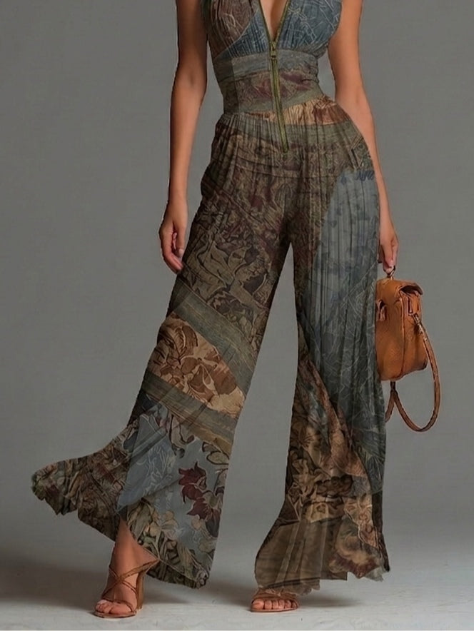 Bohemian Ethnic Print Sleeveless Chiffon Jumpsuit with Zip and Pleated Wide Leg Trousers